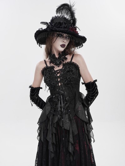 Eva Lady Black Vintage Gothic Lace Trim Ruffle Tassel Corset Top