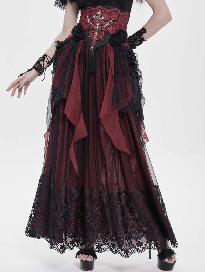 Eva Lady Black and Red Retro Gothic Cross Bat Corset with Tulle Skirt