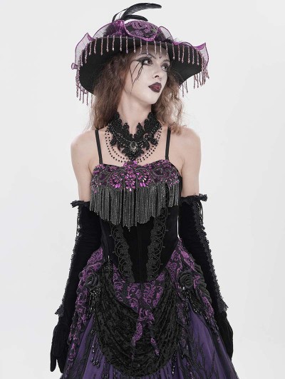 Eva Lady Black and Purple Retro Gothic Floral Beaded Tassel Velvet Corset Top
