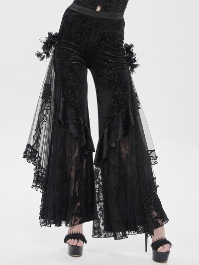 Eva Lady Black Vintage Gothic Flower Mesh Velvet Flared Pants for Women