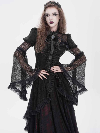 Eva Lady Black Vintage Gothic Flared Long Sleeve Frilly Shirt for Women