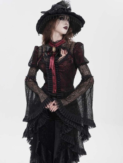 Eva Lady Black and Red Vintage Gothic Flared Long Sleeve Frilly Shirt for Women