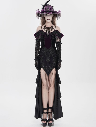 Eva Lady Black and Purple Gothic Sexy Off-the-Shoulder Velvet Slit Fishtail Dress