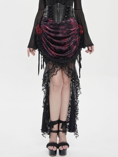 Eva Lady Black and Red Gothic Rose Mesh Velvet High-Low Fishtail Skirt