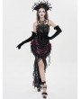 Eva Lady Black and Red Gothic Rose Mesh Velvet High-Low Fishtail Skirt