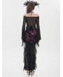 Eva Lady Black and Red Gothic Rose Mesh Velvet High-Low Fishtail Skirt