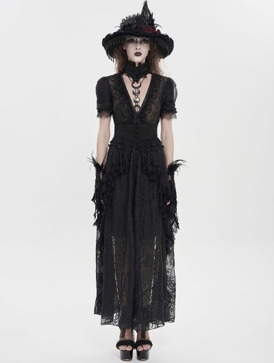 Eva Lady Black Gothic Deep V-Neck High Slit Floral Mesh Long Dress