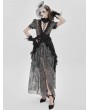 Eva Lady Black and Grey Gothic Deep V-Neck High Slit Floral Mesh Long Dress