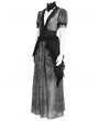 Eva Lady Black and Grey Gothic Deep V-Neck High Slit Floral Mesh Long Dress