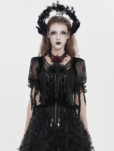 Eva Lady Black Gothic Floral Mesh Ruffled Tassel Trim Shirt for Women