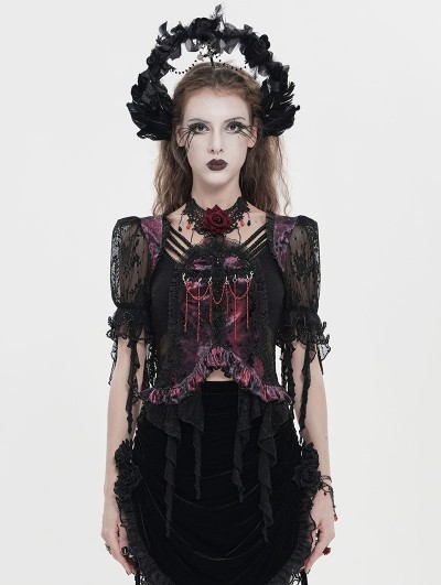 Eva Lady Black and Red Gothic Floral Mesh Ruffled Tassel Trim Shirt for Women