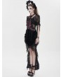 Eva Lady Black and Red Gothic Floral Mesh Ruffled Tassel Trim Shirt for Women