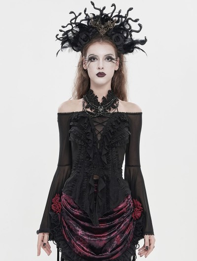 Eva Lady Black Gothic Mesh Halter Long Sleeve Peplum Top for Women