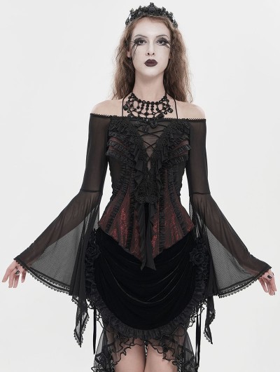 Eva Lady Black and Red Gothic Mesh Halter Long Sleeve Peplum Top for Women