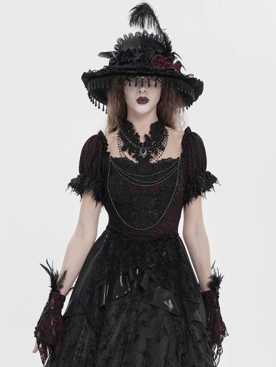 Eva Lady Black and Red Retro Gothic Embroidered Beaded Halter Shirt for Women