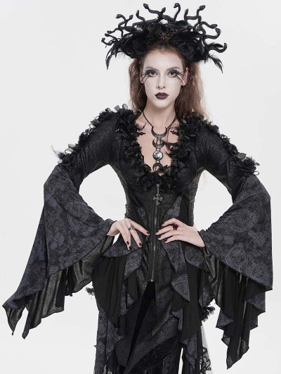 Eva Lady Black and Grey Vintage Gothic Pattern Flared Sleeve Top for Women