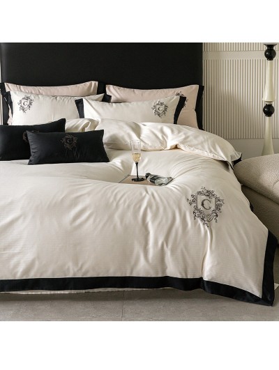 Ivory and Black Vintage Floral Embroidered Comforter Set