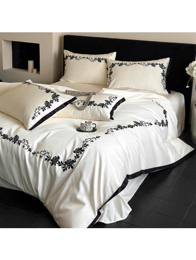 Ivory and Black Luxury Rose Vine Embroidery Bedding Set