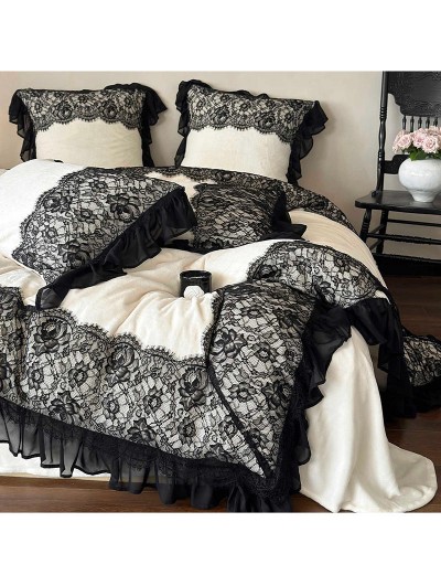 Ivory and Black Vintage Ruffled Lace Patchwork Comforter Set