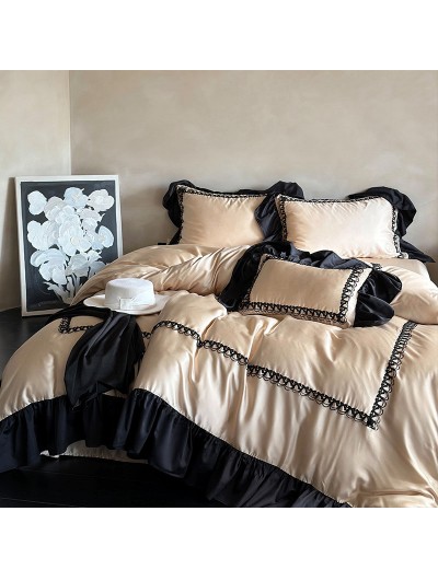 Audrey Vintage Black Ruffled Lace Trim Comforter Set