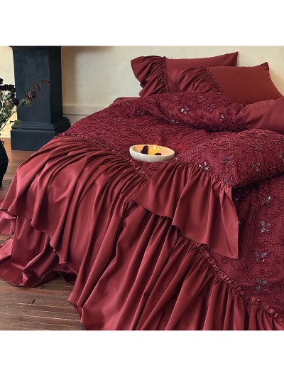 Wine Red Butterfly Sequined Lace Embroidery Wedding Comforter Set