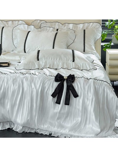 White Pearl Bow Ruffled Cooling Lyocell Comforter Set