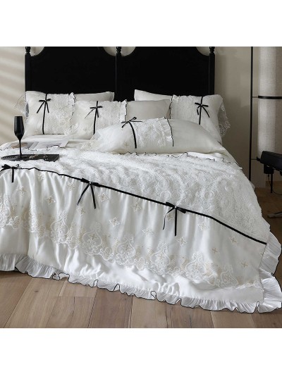 White Princess Style Embroidered Silky Comforter Set
