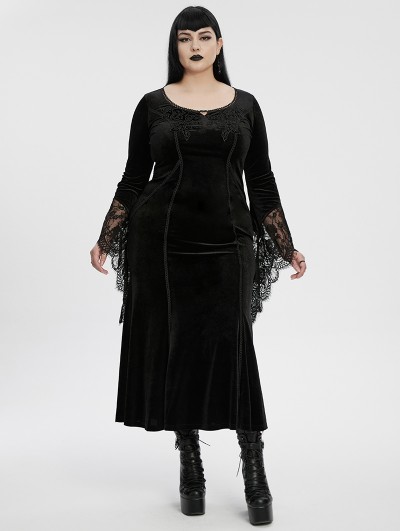 Punk Rave Black Gothic Velvet Long Sleeve Fishtail Plus Size Maxi Dress