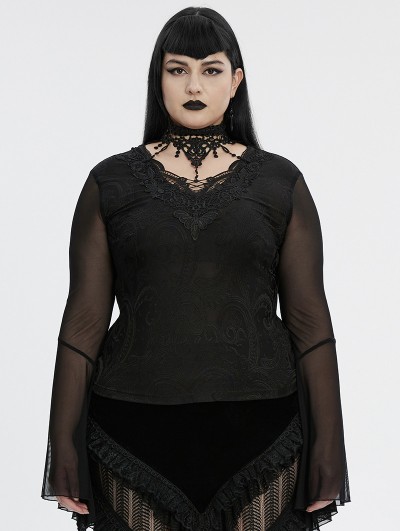 Punk Rave Black Sexy Gothic Irregular Flared Mesh Sleeve Plus Size Shirt for Women