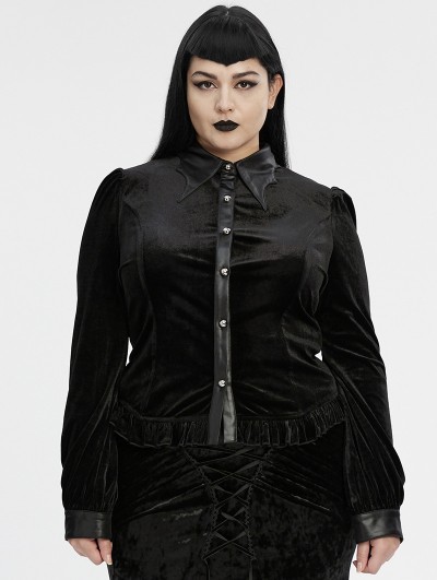 Punk Rave Black Gothic Gradient Velvet Bat Collar Long Sleeve Plus Size Shirt for Women