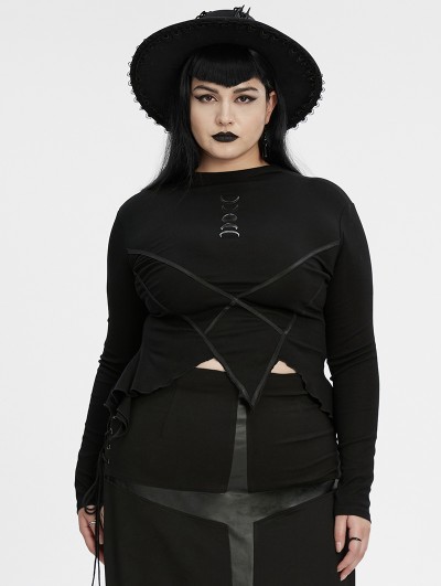 Punk Rave Black Gothic Gradient Moon Print Irregular Daily Long Sleeve Plus Size T-Shirt for Women