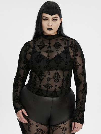 Punk Rave Black Sexy Gothic Cross Flocking Mesh Long Sleeve Plus Size Shirt for Women