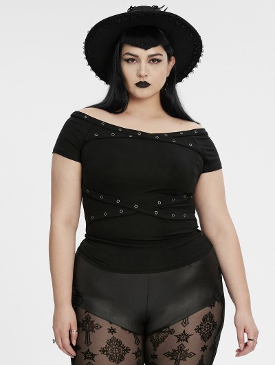 Punk Rave Black Gothic Punk Off-Shoulder Knitted Plus Size T-Shirt for Women