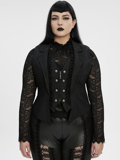 Punk Rave Black Gothic Academy Style Patterned Lapel Plus Size Vest for Women