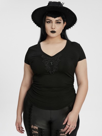 Punk Rave Black Gothic V-Neck Lace Applique Short Sleeve Plus Size T-Shirt for Women