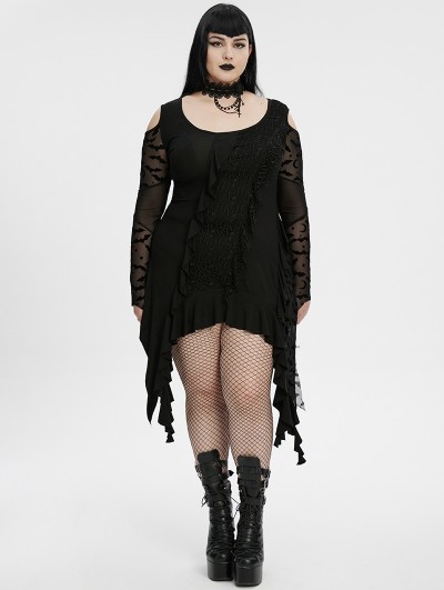 Punk Rave Black Gothic Long Bat Mesh Sleeve Cold Shoulder Plus Size Dress