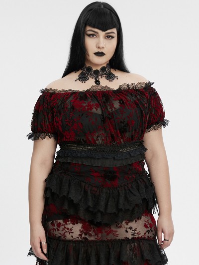 Punk Rave Black and Red Gothic Sexy Flocking Mesh Lace Trim Plus Size Short Top for Women