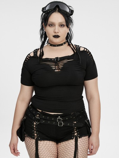 Punk Rave Black Gothic Punk Sexy Hollow-out Short Sleeve Plus Size T-Shirt for Women