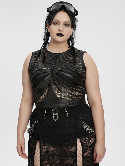 Punk Rave Black Gothic Punk Mesh Perspective Fitted Sleeveless Plus Size Top for Women