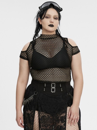 Punk Rave Black Gothic Punk Tie-Dyed Mesh Short Sleeve Plus Size T-Shirt for Women