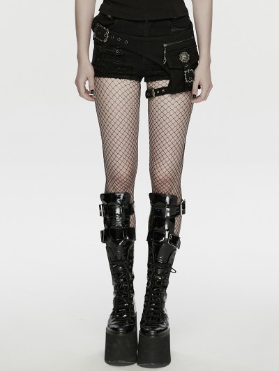 Punk Rave Black Gothic Punk Denim Tattered Shorts for Women