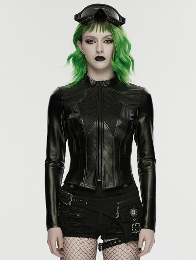 Punk Rave Black Gothic Cyberpunk Slim Fit PU Leather Jacket for Women