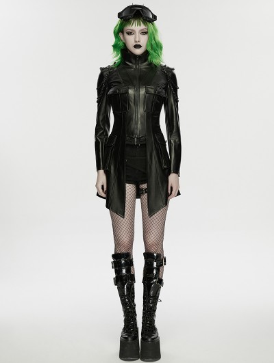 Punk Rave Black Gothic Punk Metal Chain Functional PU Leather Jacket for Women