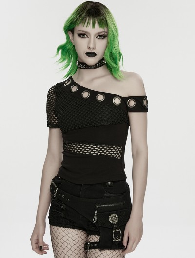 Punk Rave Black Gothic Punk Slant Shoulder Mesh T-Shirt for Women