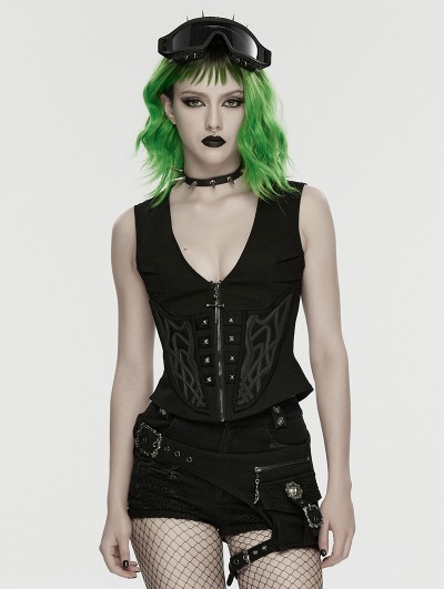 Punk Rave Black Gothic Cyberpunk Metal Zipper Vest for Women