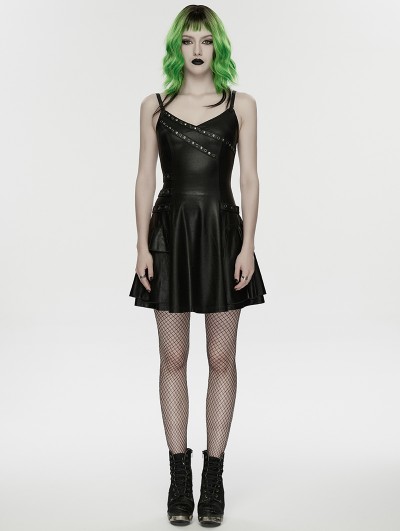 Punk Rave Black Gothic Punk PU Leather Rivets Slip A-Line Dress