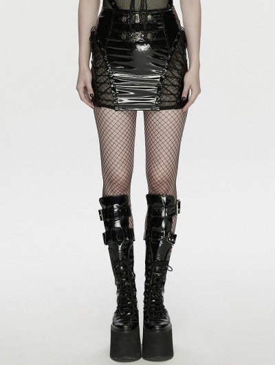 Punk Rave Black Gothic Punk Mesh Spliced Glossy Patent Leather Mini Skirt