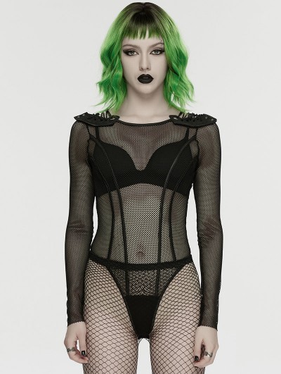 Punk Rave Black Gothic Cyberpunk Armor Shoulder Perspective T-Shirt for Women