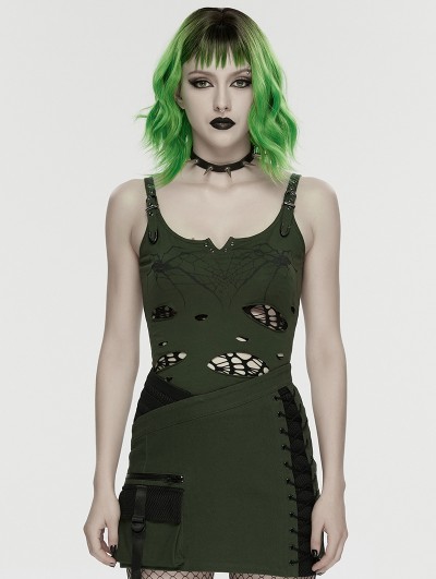 Punk Rave Black and Green Gothic Punk Spider Web Tattered Vest Top for Women