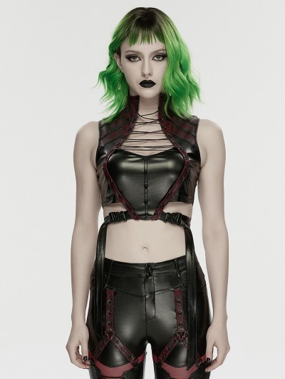Punk Rave Black and Red Gothic Cyberpunk Buckled Cutout Leather Top for Women
